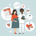 European pregnant woman and African American nurse standing side by side surrounded by symbols of motherhood.